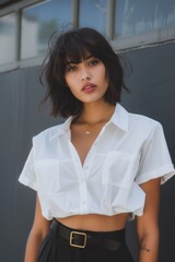 Woman with bob style haircut wearing mini skirt and midriff shirt