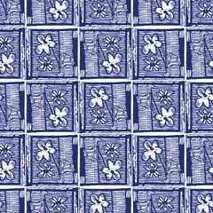 Indigo blue Japanese block print effect pattern. Seamless hand made vector design for fabric batik background and faded fashion repeat.