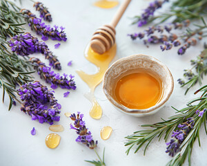Obraz na płótnie Canvas Honey in ceramic bowl with honey dipper lavender flowers on white surface. Aesthetic food concept