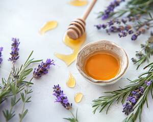 Honey in ceramic bowl with honey dipper lavender flowers on white surface. Aesthetic food concept