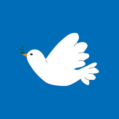 Una paloma blanca con una ramita de olivo en el pico sobre un fondo azul.