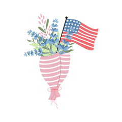 Handdrawn flower bouquet with american flag. Vector design on 4th of July.