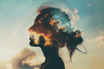 Silhouette of a woman with clouds and sky in mind
