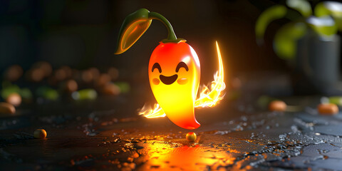 Cute Hot Chili Cartoon Character on Fire on Black Background - obrazy, fototapety, plakaty