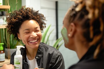 Black women are laughing and smiling, preparing for the day in the bathroom with hydrating cream - obrazy, fototapety, plakaty