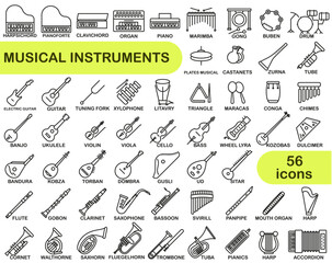 Set of musical instruments in thin line. Pictures of different musical instruments with names.