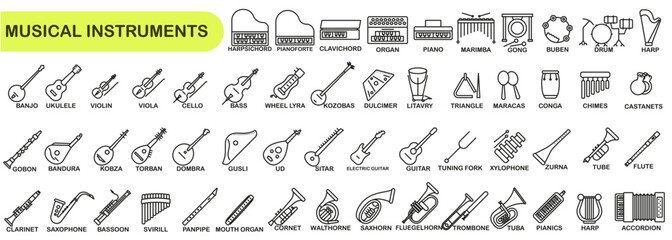 Pictures of different musical instruments with names. Set of musical instruments in thin line.