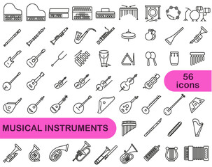A simple set of musical instruments in a thin line. Images of different musical instruments.