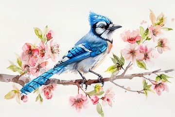 Brightly colored Blue Jay, watercolor, hand drawn on a tree branch with florals, serene and vibrant