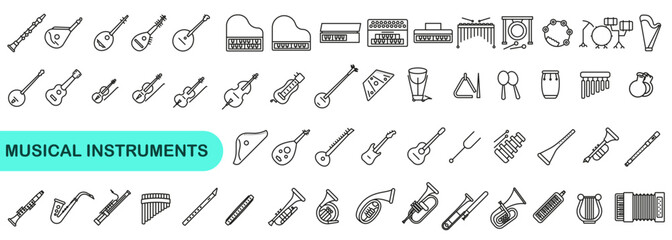Images of different musical instruments. A simple set of musical instruments in a thin line.