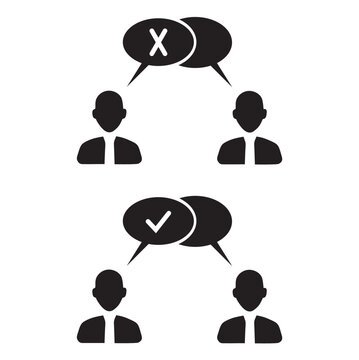 Cabezas de personas con burbujas de discurso con signo de aprobaci&oacute;n y cruz blanca. Vector