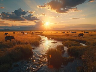 Golden sunset over a serene river flanked by grazing elephants and lush grasslands, encapsulating the peaceful coexistence of wildlife and nature.