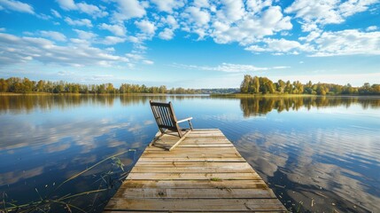Landscape with a long wooden pier with chairs for fishing and relaxing enjoying the lake view