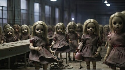 Creepy dolls, worn and eerie, standing in an abandoned room of a dilapidated doll factory at midnight. Generative AI