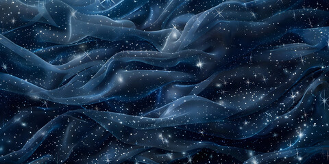 Celestial Dreams Silver Stars on Dark Blue Tulle Chiffon Texture - obrazy, fototapety, plakaty