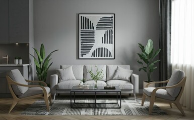 A stylish living room filled with various pieces of furniture including a sofa, coffee table, and painting hanging on the wall. Generative AI