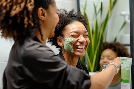 Black women are laughing and smiling, preparing for the day in the bathroom with hydrating cream