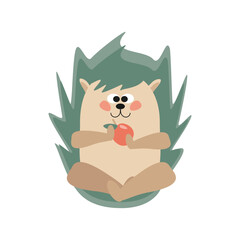 A cute funny hedgehog sits and holds an apple in his paws. Vector cartoon illustration