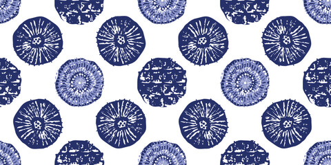 Indigo blue Japanese dot block print effect border. Seamless hand made vector design for fabric batik washi tape and faded fashion edging. 