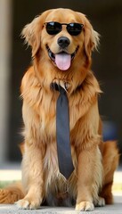 Stylish dog in sunglasses and suit with tie on blurred background, copy space available