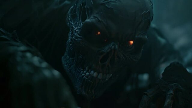 A horrifying monster, with a frightening skeleton skull figure, lurks in the darkness, creating a spine-chilling scene.