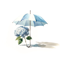 Watercolor illustration of blue umbrella and hydrangea on white background