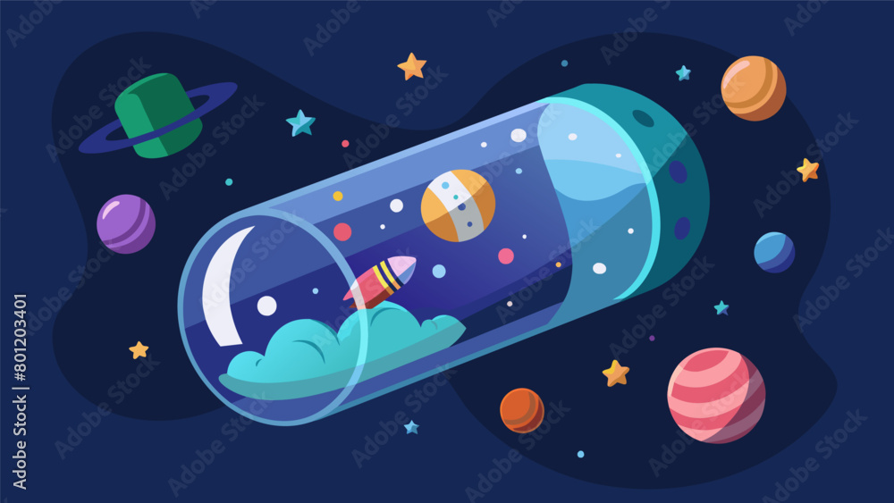 Poster a hightech dream capsule that mimics the feeling of floating in space and utilizes holographic techn