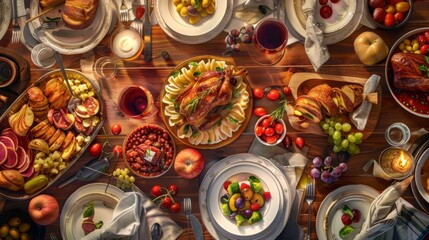 Full table of delicious Dinner party table European foods and drinks from top view, Happy dining...