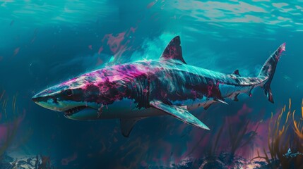 Fototapeta premium Hyperealistic Shark emerging from a bleached sea, mystery in its gaze, trunk shot for intensity. Low noise, no overlay., Strawberry pink, neon blue, and dark chocolate brown