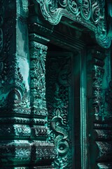 In the heart of mystical shadows, a wanderer interprets ancient symbols amidst Thai temples, revealing stories untold. POV captures the fusion of past and abstract visions., Graystone, teal, and emera