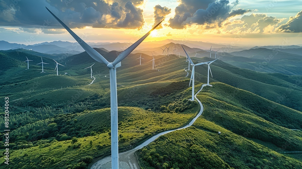 Fototapete aerial view of a wind turbine farm with sweeping green hills in the background. leading lines to dra