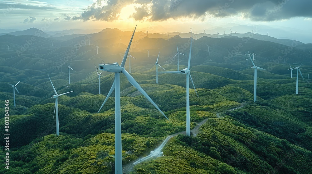 Fototapete aerial view of a wind turbine farm with sweeping green hills in the background. leading lines to dra