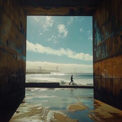 AI-generated Image: "Seaside Run: Framed by Industrial Grace."