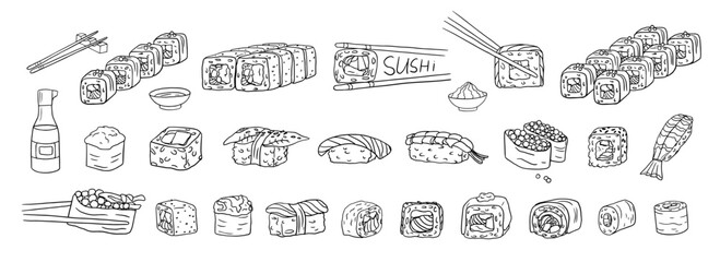 Large set of Japanese sushi roll, ramen, udon, onigiri, fish, salmon, eel, wasabi, wok, dango, soy sauce, chopsticks, rice, noodle in hand drawn doodle style. Asian food
