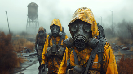 A group of survivors navigating through a toxic wasteland with gas masks and protective gear