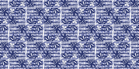 Indigo blue Japanese block print effect pattern border. Seamless hand made ribbon vector design for fabric batik banner and faded fashion repeat