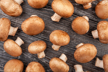brown mushroom pattern on wood background top view - 801204695