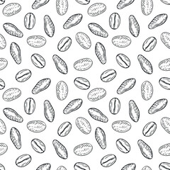 Hand drawn seamless pattern with wheat seeds in monochrome sketch style isolated on white background. Agriculture background for food branding. Vintage vector illustration.