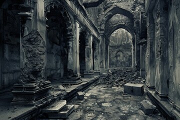 Time-traveler, in search of Dharma's essence, finds a novel amid ruins, a hyperrealistic portrayal of beauty in destruction, a silent story of resurgence., Minimal and modern greys - obrazy, fototapety, plakaty