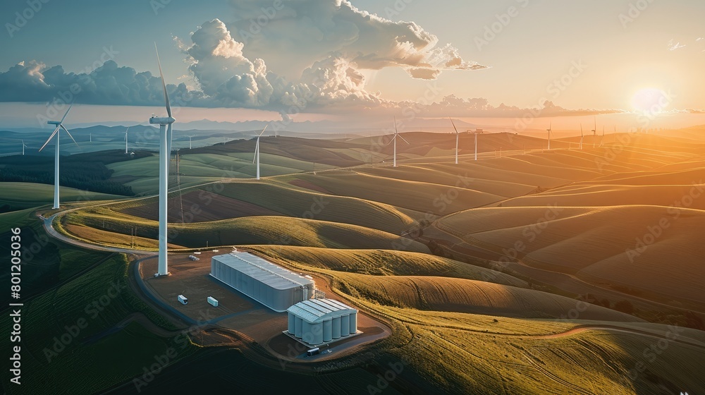 Poster An aerial view of a battery energy storage system with a substation in a green landscape and windmills in the background. Generative AI.