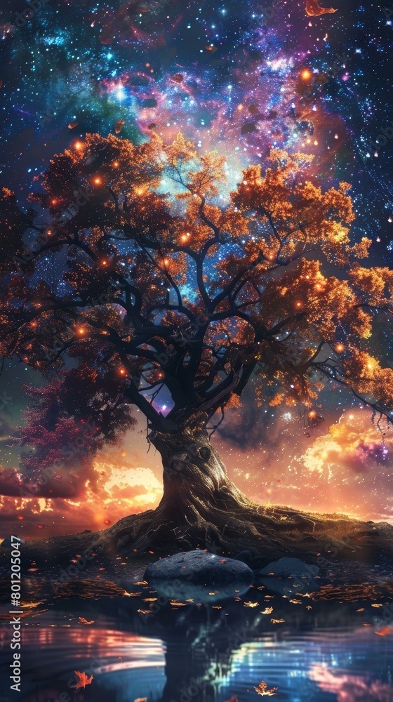 Wall mural an otherworldly depiction of a tree crowned with a celestial array, reflecting in tranquil waters be