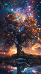 An otherworldly depiction of a tree crowned with a celestial array, reflecting in tranquil waters below, creating a symphony of light and color.