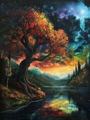Artistic depiction of a gnarled autumn tree beside a mountain lake under a night sky bursting with stars.
