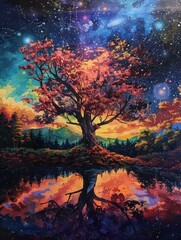 Vivid painting of an autumnal tree against a galaxy sky, mirrored in the still waters below.