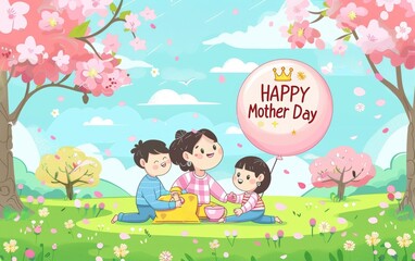 An animated image showing a mother and her children picnicking under cherry blossoms with a festive balloon for Mothers Day.