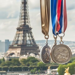 A pair of commemorative medals with ribbons displayed against the Eiffel Towers backdrop on a sunny day.
