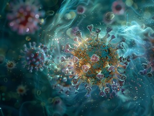Close-up, high-res image of a detailed virus particle, presented against a striking deep viridian background, ideal for virology studies