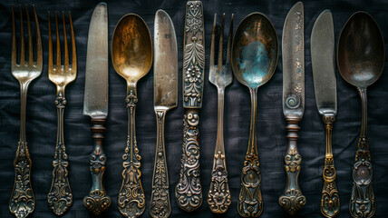 Assorted vintage cutlery on dark background