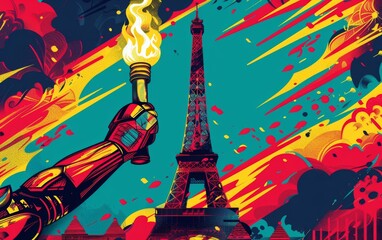 A vibrant artistic representation captures a robotic arm raising a torch against a backdrop of the Eiffel Tower and a dynamic, colorful sky. - obrazy, fototapety, plakaty