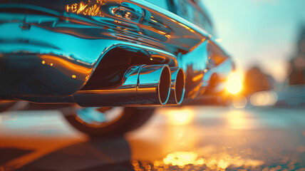 Close-up of vintage car exhaust at sunset.